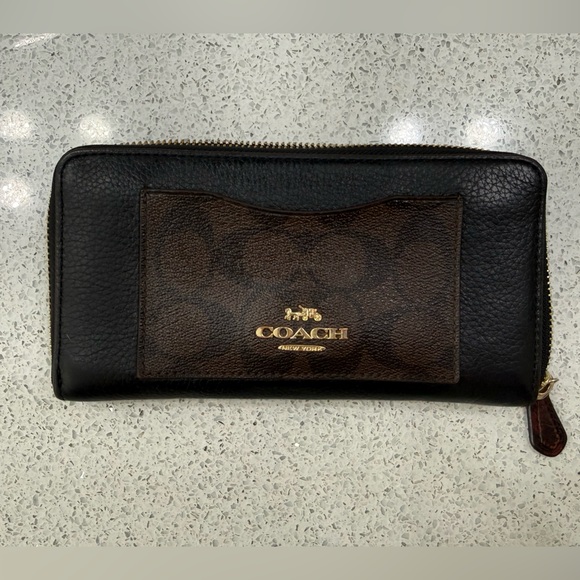 Coach Handbags - Coach Dark Brown Leather Monogram Gold Hardware Zippered Wallet